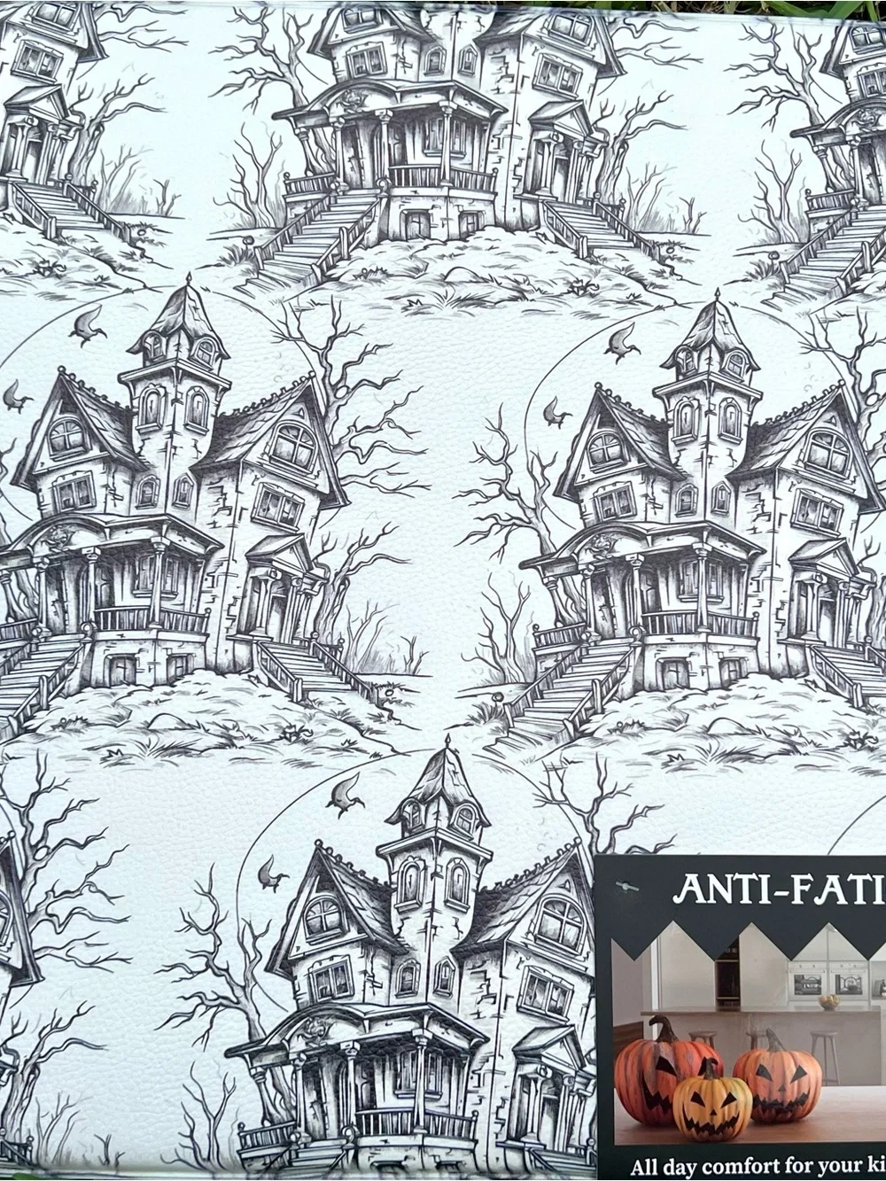 Halloween Haunted House Anti Fatigue Floor Mat Black & White Gothic Mansion